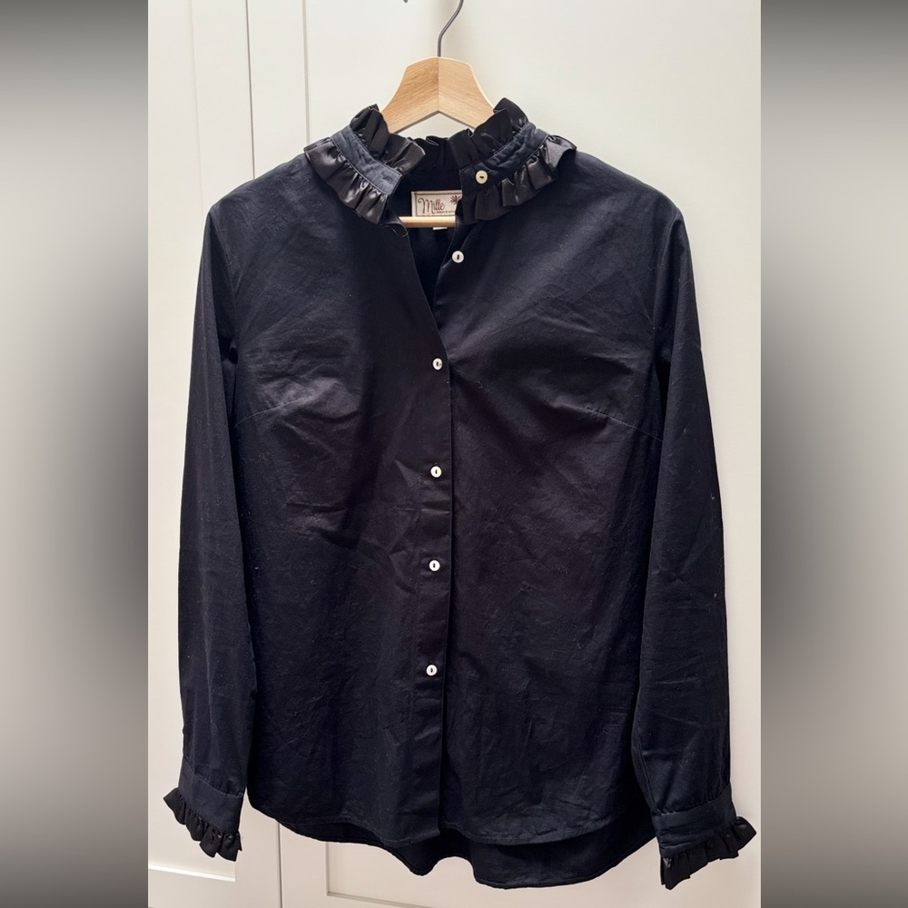 Mille - Victoire Cotton Ruffled Collar Blouse - Black - Size Small
